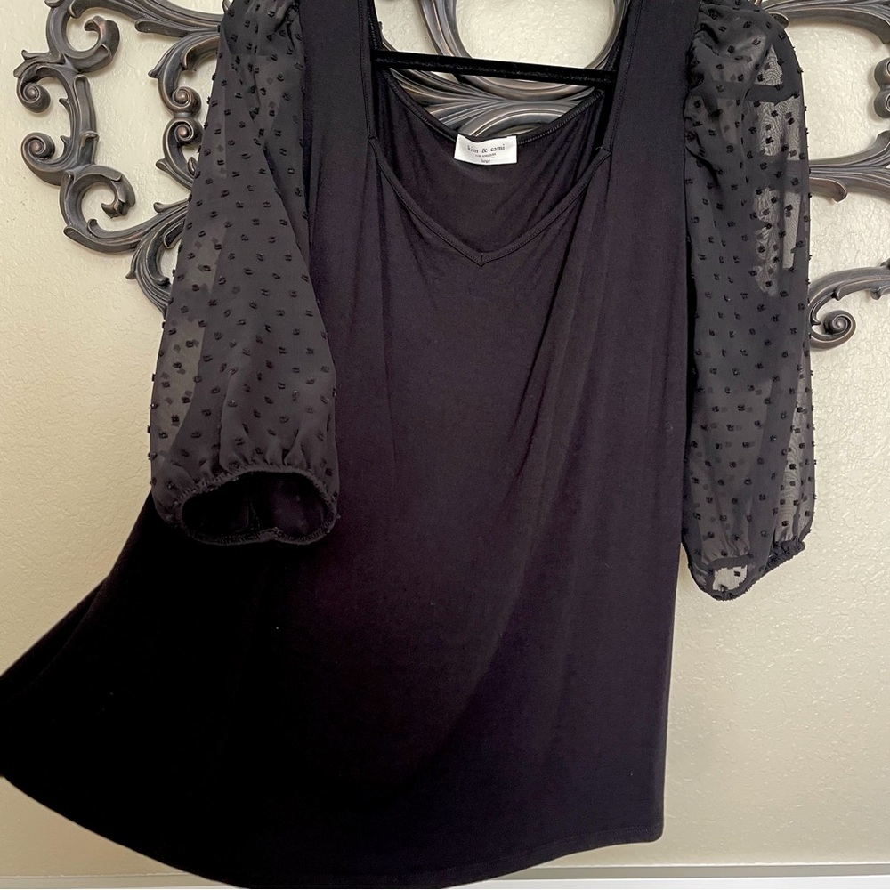 Kim & Cami Top Sweetheart Neckline Sheer 3/4 Length Puff Sleeves Size Large